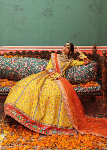 Neon Yellow Raw Silk Pishwas Maxi with detailed embellished neckline by Waqas Shah Official