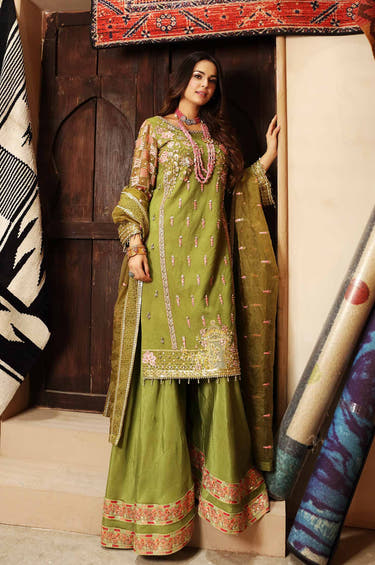 Olive Green Pakistani Luxury Pret dress with hand embellished net shirt by Waqas Shah Official