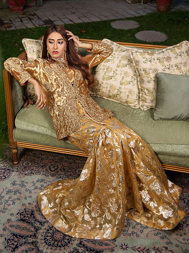 Peach Gold Pure Tissue front open jacket with intricate handwork by Waqas Shah Official