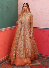 Peach Pakistani bridal open front gown with Tissue lehenga and Net dupatta by Waqas Shah Official