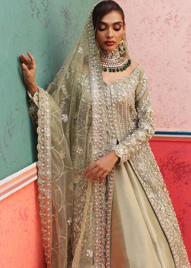 Pistachio Green embellished Net bridal gown with Dabka crystals and sequins by Waqas Shah Official