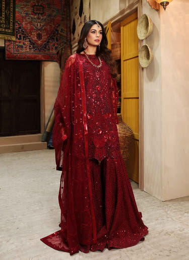 Red Pakistani Mehndi dress with embellished shirt and sharara by Waqas Shah Official