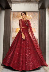 Red Wedding Lehenga Choli with richly embellished Net fabric by Waqas Shah Official
