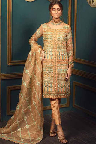 ROSA Peach Nikkah Dress with embellished Kathan Organza shirt by Waqas Shah Official