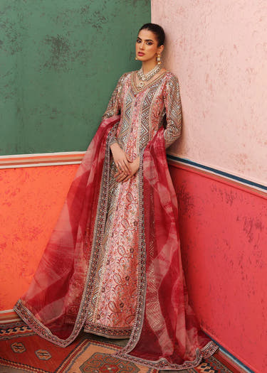 Rose Pink Raw Silk Wedding Maxi with vibrant Maroon and Fuchsia detailing by Waqas Shah Official