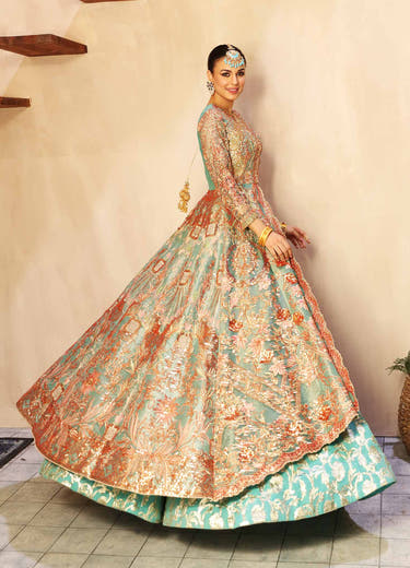 Sea Green luxury formal dress with flowing Net gown and traditional Badla lehenga by Waqas Shah Official