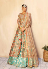 Sea Green Pakistani formal dress with open-front gown and Badla lehenga by Waqas Shah Official