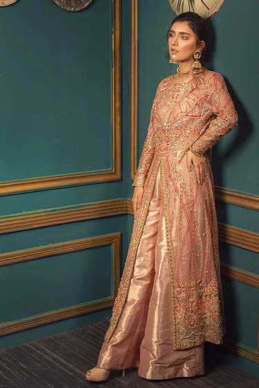 SETAREH PINK Luxury Formal Dress with hand embellished Net shirt by Waqas Shah Official
