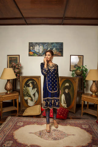 TAZKIA Blue Mehndi Dress with embellished Velvet shirt and Jamawar trouser by Waqas Shah Official