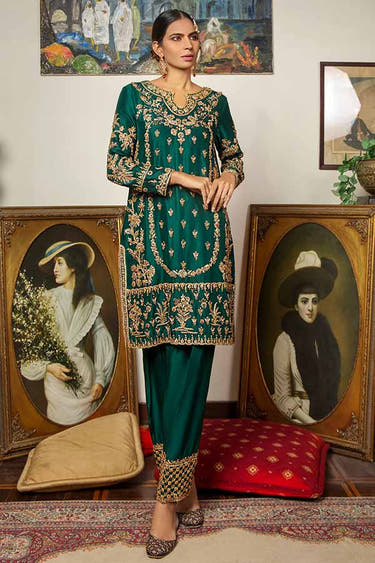 Zink Green shirt featuring Naqshi Dabka stones Swarovski and bead embellishment by Waqas Shah Official